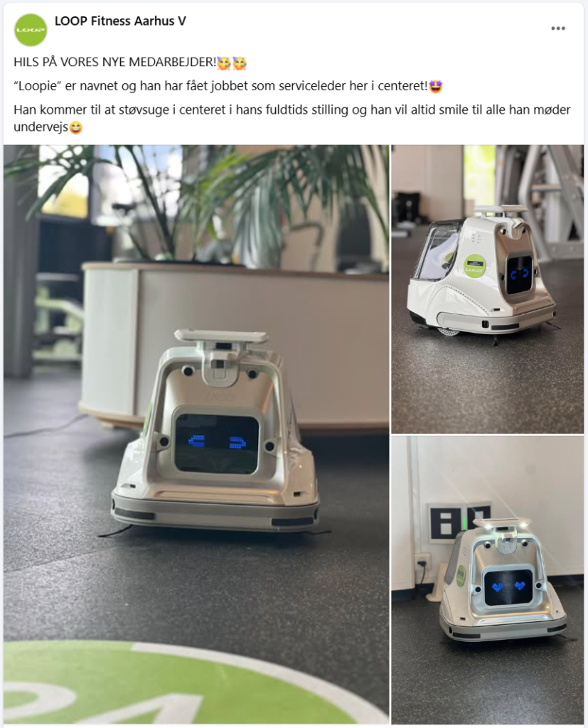 Facebook opslag fra Loop Fitness i Aarhus V med ny robot medarbejder fra Dansk Robot